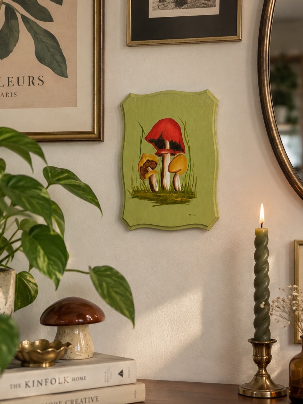Vintage Hand Painted Mushroom Wall Art 9x7 Wood Board Cottagecore Folk Art 70s